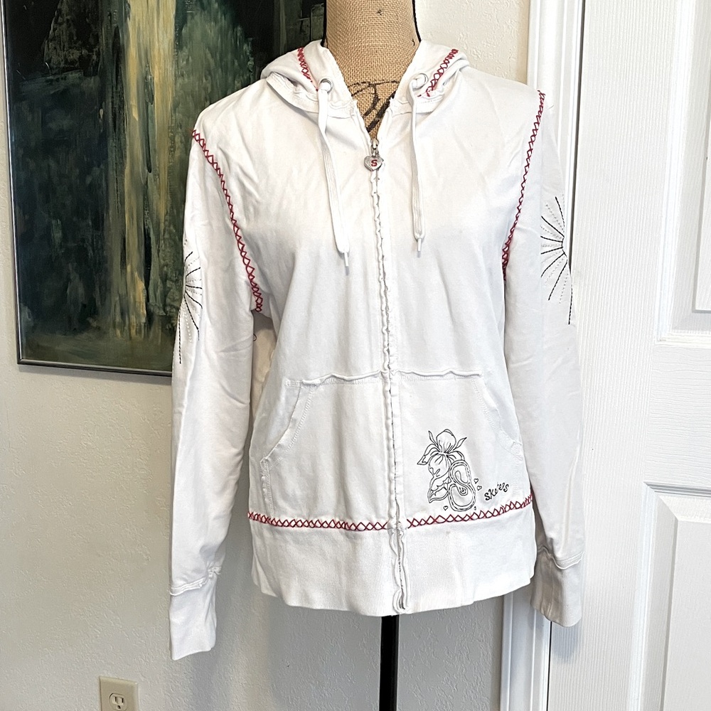 Vintage Y2k Rare Skechers White Embroidered Floral Stitched Zip Up Hoodie Xl